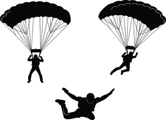 Set of Three Skydiver Silhouettes Showing Parachuting, Freefall, and Extreme Sports Adventure Activities for Recreation and Adrenaline Vector