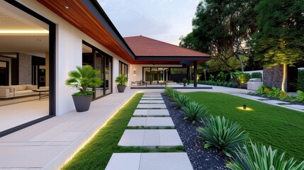 Fototapeta premium Modern Villa Exterior with Lush Garden and Walkway at Sunset Emphasizing Luxury Living and Tranquil Environment