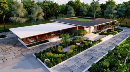 Modern architectural design of a luxurious house surrounded by lush greenery and landscaped gardens