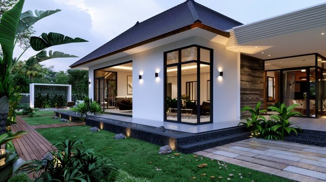 Modern tropical villa with lush greenery and elegant architecture surrounded by tranquil garden space and outdoor seating - Powered by Adobe