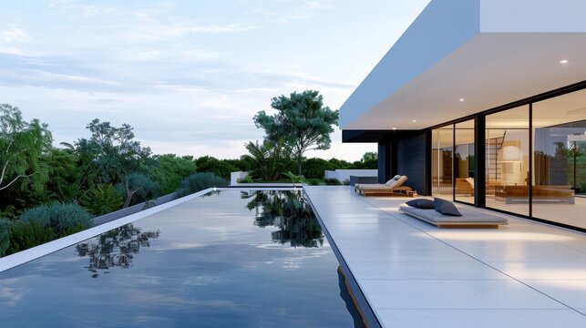 Modern Luxury Villa with Infinity Pool and Green Surroundings in a Serene Landscape at Dusk