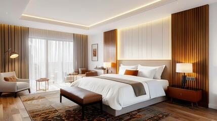 Modern elegant bedroom design with natural light and stylish furnishings for a contemporary home or hotel setting