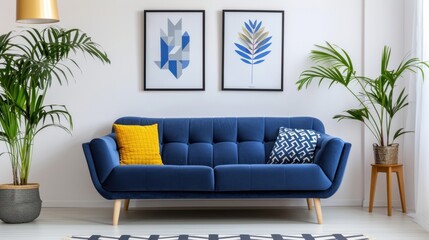 Fototapeta premium Bright and Modern Living Room Interior with Blue Sofa, Decorative Pillows, Art Prints, and Green Plants