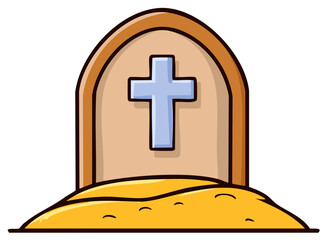 Fototapeta premium Cartoon tombstone with Christian cross and dirt mound digital illustration