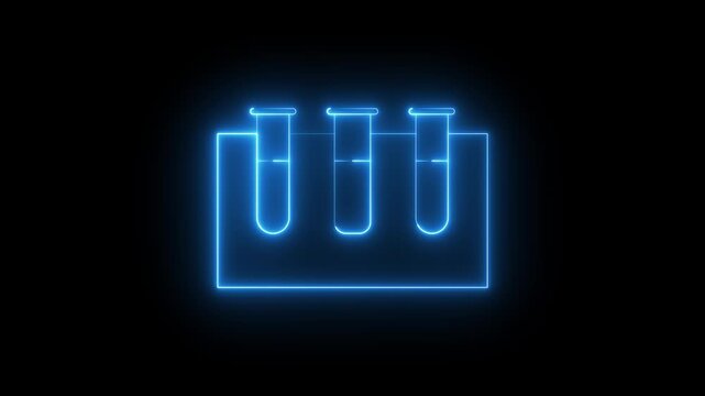 Neon lab test tube icon animation on black background, glowing chemical experiment tube symbol, scientific diagnostics analysis laboratory equipment illustration for medical, bio tech