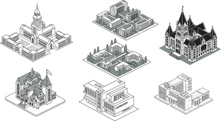Isometric institutional buildings, university campus, government architecture, public structures, gothic style, modern design, educational facility, urban 