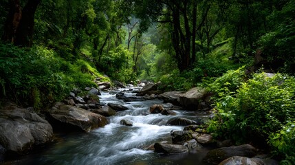 Obraz premium Flowing river water weaving through smooth stones surrounded by lush green foliage capturing the continuous movement transformation and harmony found in nature 