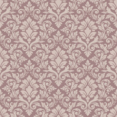 Dusty rose damask pattern vector in elegant seamless style, classic decorative damask pattern vector for wallpapers, vintage floral damask pattern vector for textiles and luxury backgrounds
