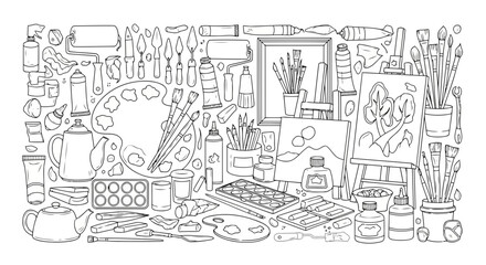 Obraz premium Black and white illustration of various objects and items in a cluttered room setting