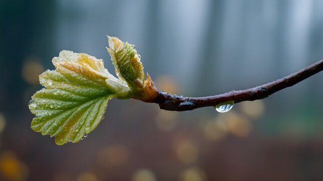 A newborn leaf unfurling on a branch with morning dew glistening against a soft blurred forest background symbolizing renewal growth and the continuous rhythm of life - Powered by Adobe
