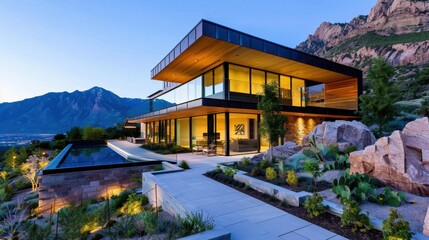 Modern architectural masterpiece with mountain view and serene landscape in twilight setting