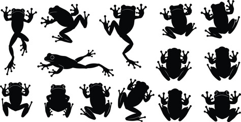 Collection of black frog silhouettes, showcasing various jumping and sitting poses, vector set ideal for wildlife design, amphibian conservation, nature themes, logos, and T-shirt printing projects.