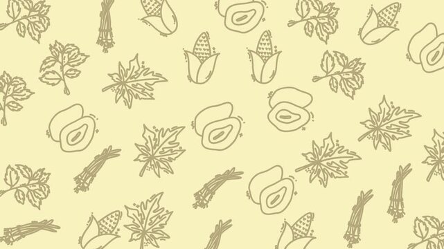 Agricultural pattern featuring corn leaves, dates, and asparagus plants. Ideal for packaging, wrapping paper, textiles, or agriculturalthemed designs.