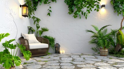 Naklejka premium Cozy Outdoor Space with Elegant Chair Surrounded by Lush Greenery and Soft Lighting for Relaxation and Tranquility