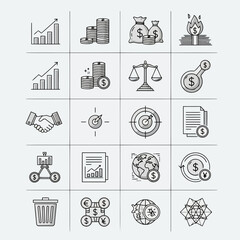 Naklejka premium Set of icons representing finance, business, and economic concepts such as growth, investment, and transactions