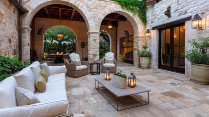 Fototapeta premium Elegant Outdoor Patio with Comfortable Seating, Lanterns, and Natural Surroundings for Relaxation and Gathering
