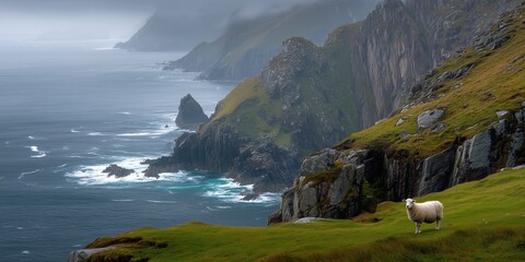 Sheep stand on a grassy cliff ledge above the grey Atlantic, wind sweeping through rugged Irish coastal hills and distant ocean.
