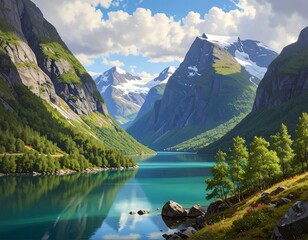 A serene landscape reveals a glacial lake framed by towering green mountains, some capped with snow under a bright, cloudy sky