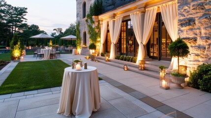 Elegant Outdoor Wedding Venue with Soft Lighting and Stylish Decor at Sunset