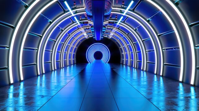 Futuristic tunnel with glowing neon lights and polished reflective floor in a sci-fi environment