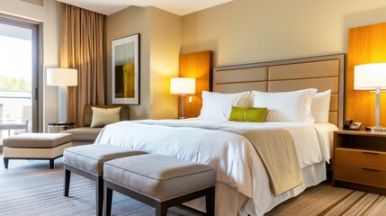 Modern hotel room with cozy bed, stylish furniture, and natural light from large windows, perfect for relaxation and comfort