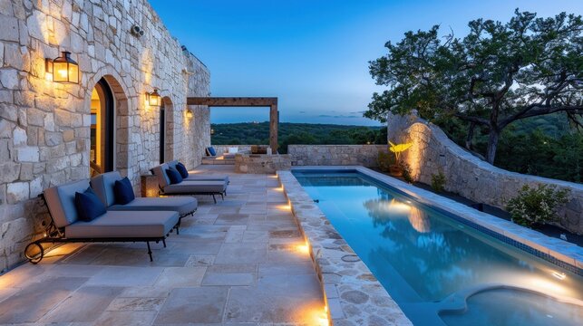 Serene Outdoor Poolside View at Dusk with Elegant Stone Architecture and Cozy Seating Area in a Luxurious Backyard Setting