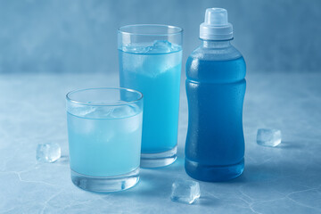 Blue sports drink in bottle and glasses with ice cubes on light surface