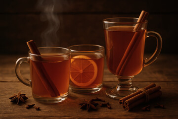 Three glasses of steaming cider with cinnamon sticks and star anise on wood
