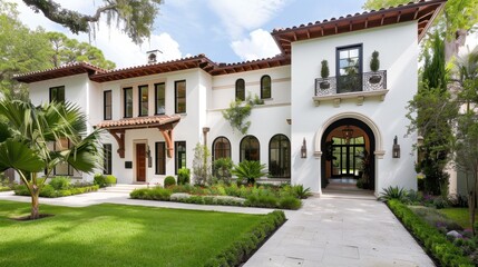 Naklejka premium Elegant Mediterranean Style House with Lush Landscaping and Inviting Entrance in Bright Sunlight