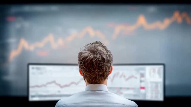 Market Analyst Analyzing Chart: A focused individual intently examines complex market data on a vast screen, representing the strategic contemplation and analytical rigor of financial investment