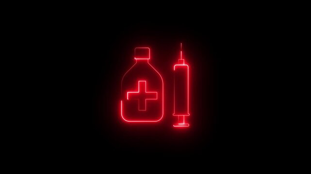 Neon medicine and injection icon animation on black background, glowing syringe and pill symbol for medical treatment, vaccination, healthcare service, pharmaceutical concept