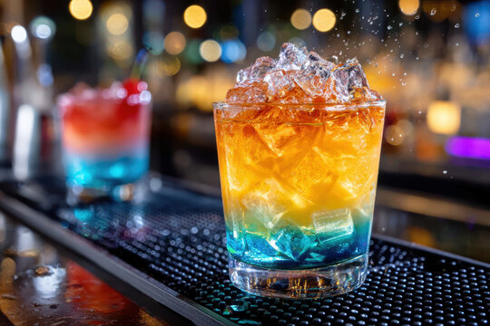 Colorful cocktail served with ice and garnished at an upscale bar during an evening gathering - Powered by Adobe