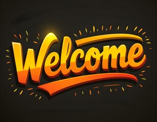 Radiant Ribbon Welcome, welcome text, hand-lettering, 3D typography, glowing script, ribbon underline, vibrant colors, orange-yellow gradient, shadowed lettering, chalkboard texture, modern greeting a