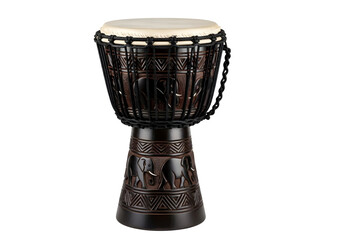 African djembe drum with intricate carvings isolated on transparent background