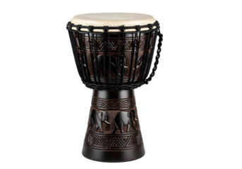 African djembe drum with intricate carvings isolated on transparent background