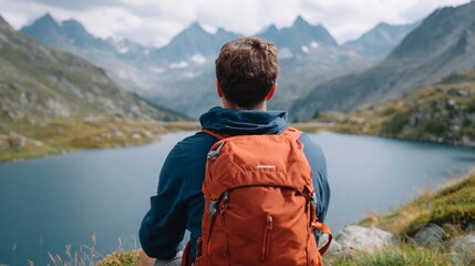 Man hiking with red backpack in mountainous area near lake.