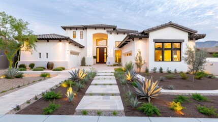 Modern architectural design of a luxurious house with garden landscaping and evening lighting in a serene outdoor setting