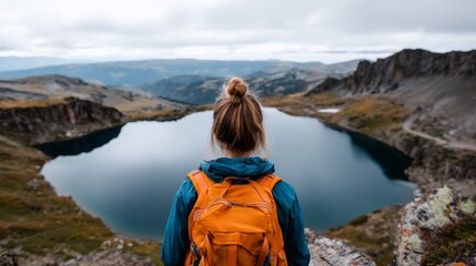 Woman hiker standing by lake with backpack.