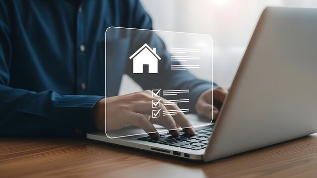 Man using laptop with house icon searching for real estate online