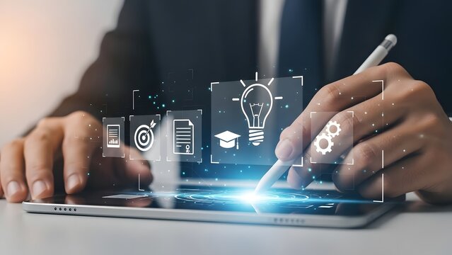 Businessman using digital tablet with innovative technology and business strategy icons