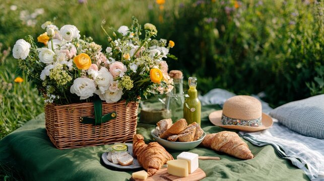 Picnic basket with food and flowers on a blanket in a field.