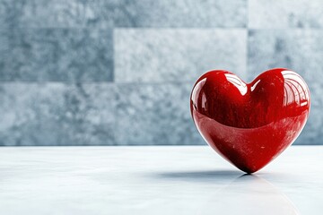 Red heart sculpture on a gray background symbolizes love and connection in a modern space, and loneliness. Concept of Saint Valentine Day and 8 Mart celebration.
