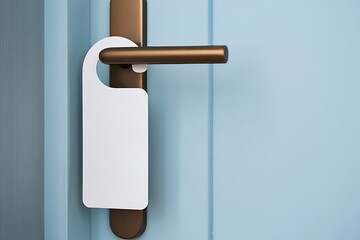 Minimalist blank white door hanger hanging on a modern brown handle against a grey door, perfect for hospitality, privacy messages, mockups, interior design, and professional presentation scenes.