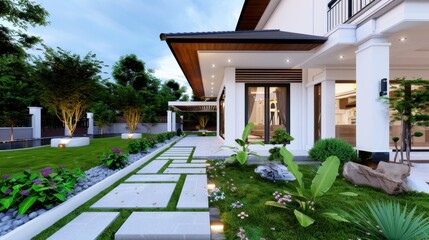 Fototapeta premium Serene Modern Garden Landscape Design with Pathway and Elegant Architecture in Daylight