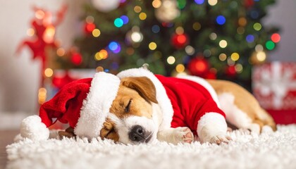 Sleeping Golden Retriever Puppy Dressed as Santa Claus on Christmas Eve