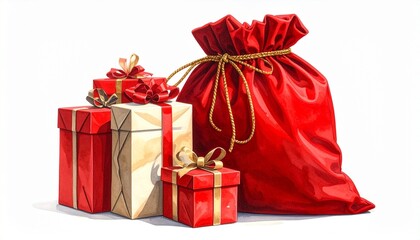 Santa's Red Sack Full of Presents Next to Stacked Christmas Gifts and Boxes