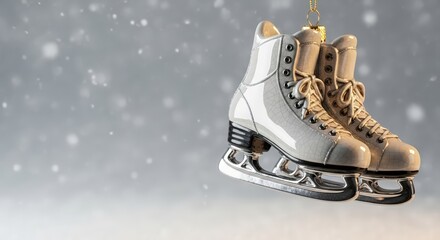 White ice skates as ceramic ornament with vintage cracks for Christmas tree, festive snowy background with copy space. Greeting card for hockey school, hockey club or figure skating, equipment sale