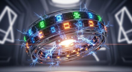 Futuristic Digital Ring Emitting Powerful Blue Energy Arcs