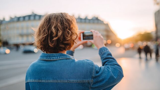 Man taking selfie with cityscape in background at sunset. - Powered by Adobe