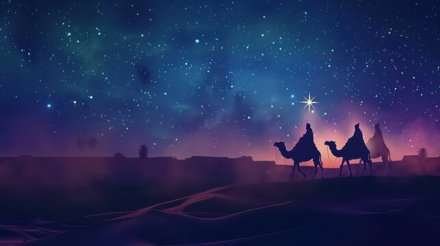 Epiphany celebration with three wise men journeying under a starry sky. Horizontal banner. Copy space. Star of Bethlehem, or Christmas Star. Three Kings Day. Flat illustration